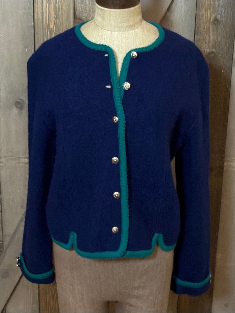 Vintage Tally-Ho Lady Jacket Size 8 100% Wool Blue Teal Cardigan Preppy Fall